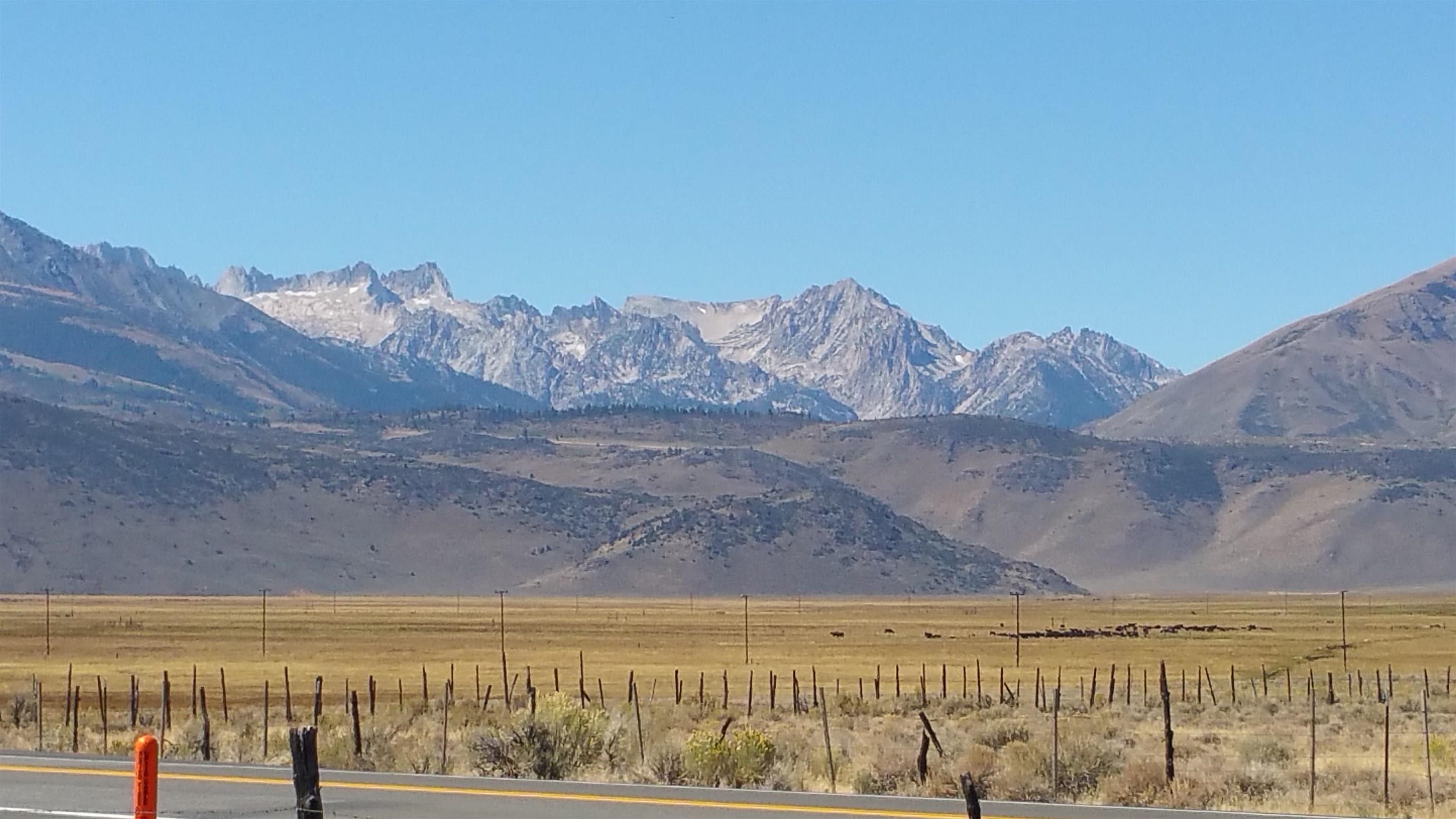 Open golden fields and a fence beside Highway 395, with rugged mountains in the distance.
