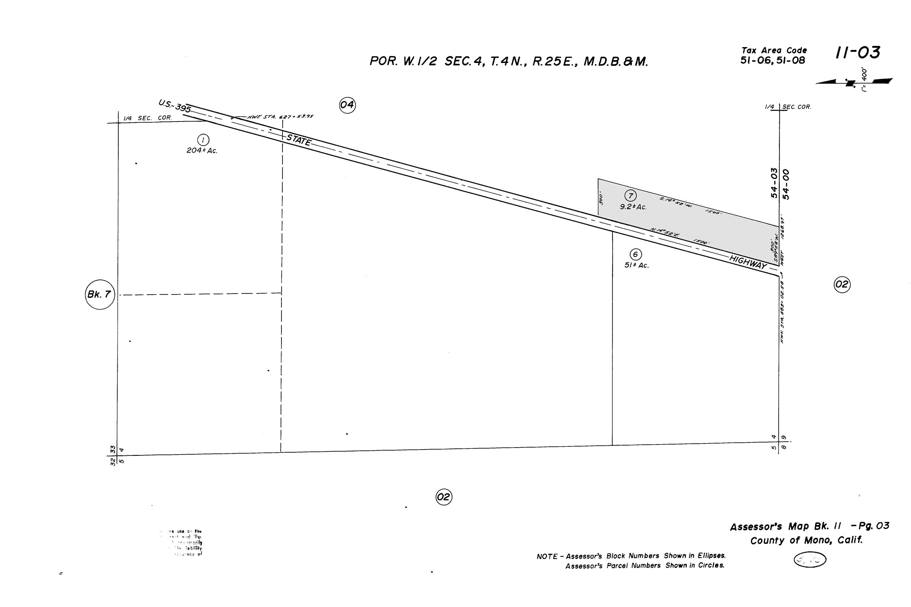 Assessor’s parcel map showing shaded 9.2-acre parcel 7 beside U.S. Highway 395.