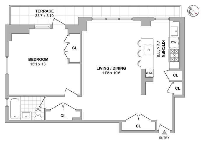 Apartment floor plan with one bedroom, living and dining area, kitchen, bathroom, and long terrace.