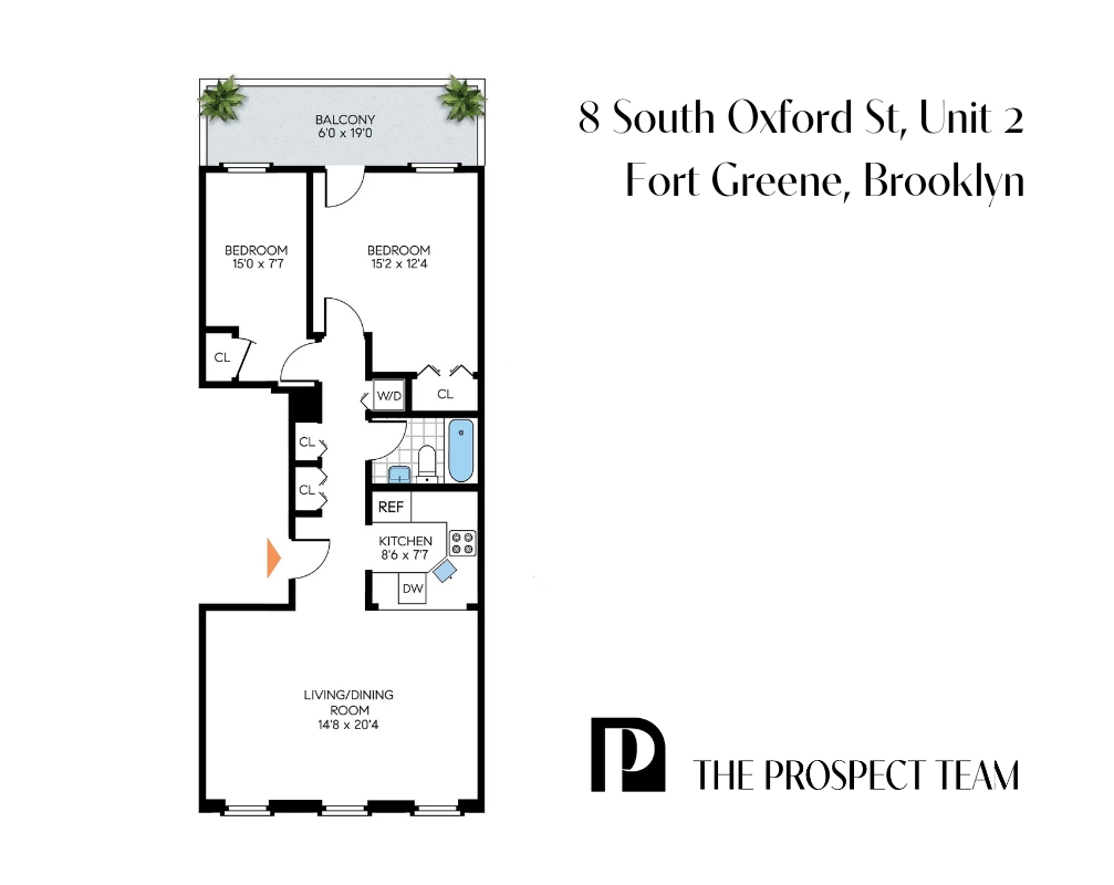 Floor plan of 8 South Oxford St, Unit 2, showing two bedrooms, balcony, kitchen, and living/dining room.