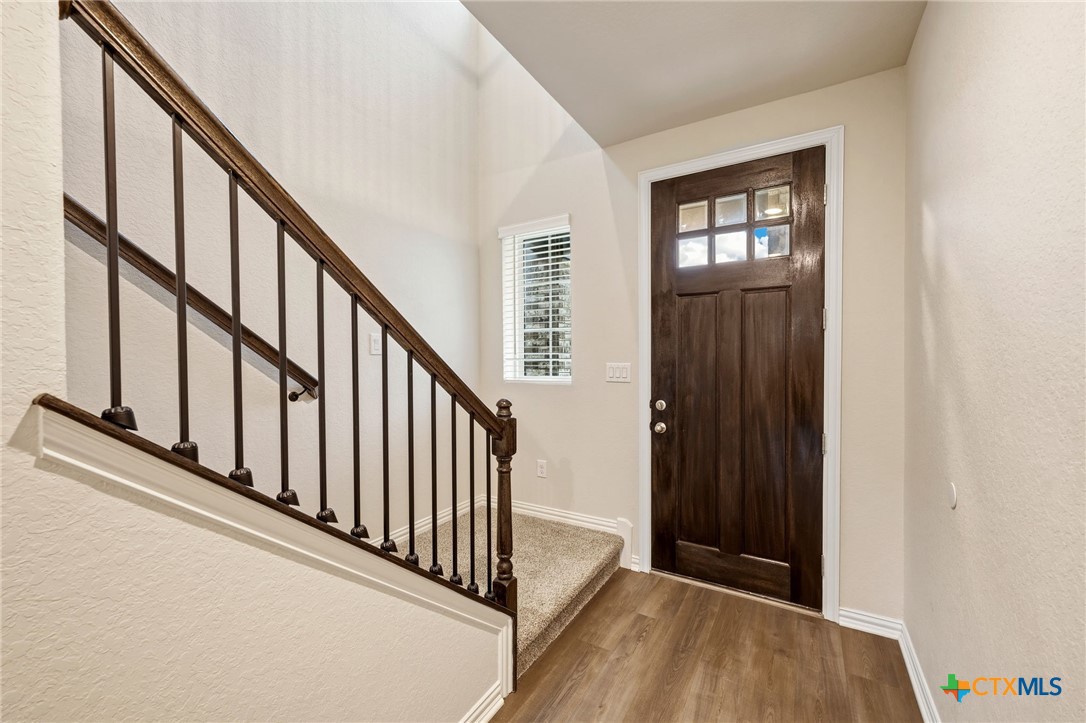 Entry foyer with a dark wood front door and carpeted staircase with dark railings.