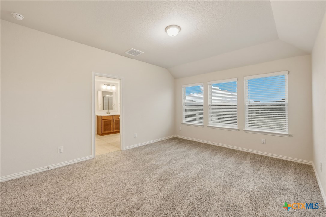 Empty bedroom with beige carpet, three windows, and a doorway to a bathroom vanity.