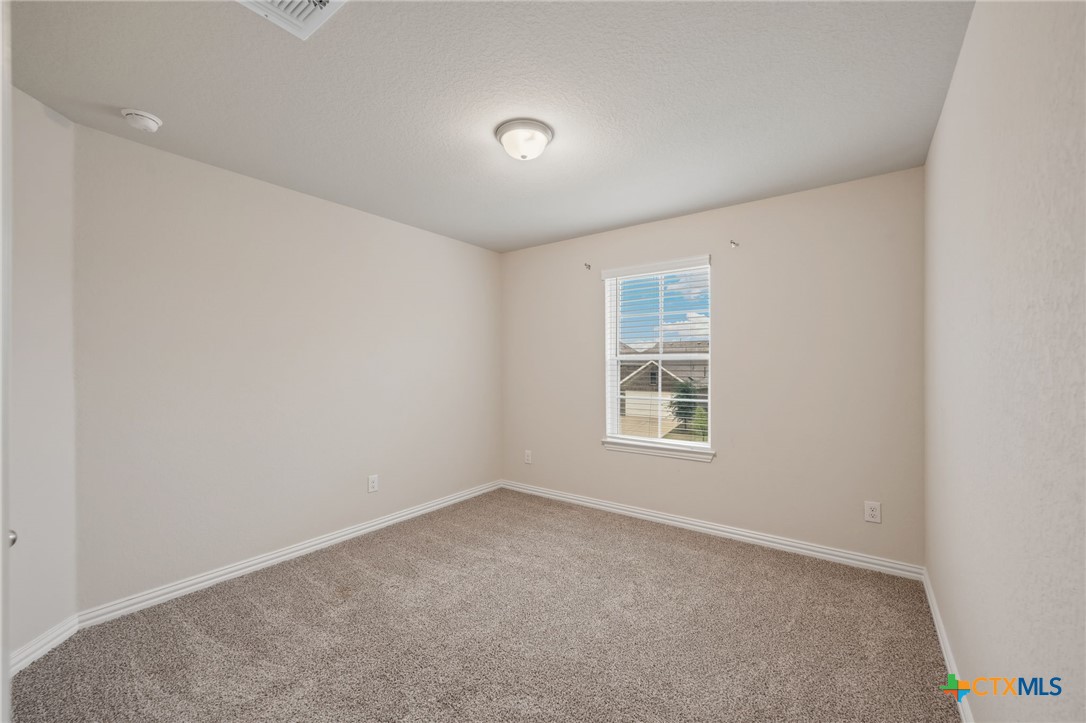 Empty bedroom with beige carpet and a window with white blinds.