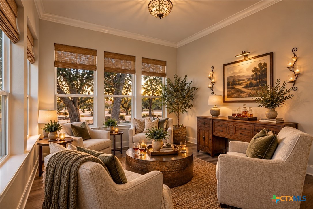 Staged living room with cream seating, a round coffee table, and large windows overlooking trees.