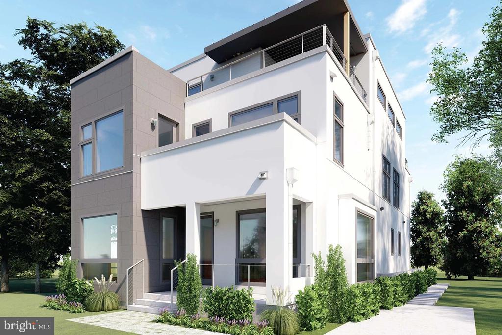 Modern white multi-story home with a rooftop terrace and landscaped front yard.
