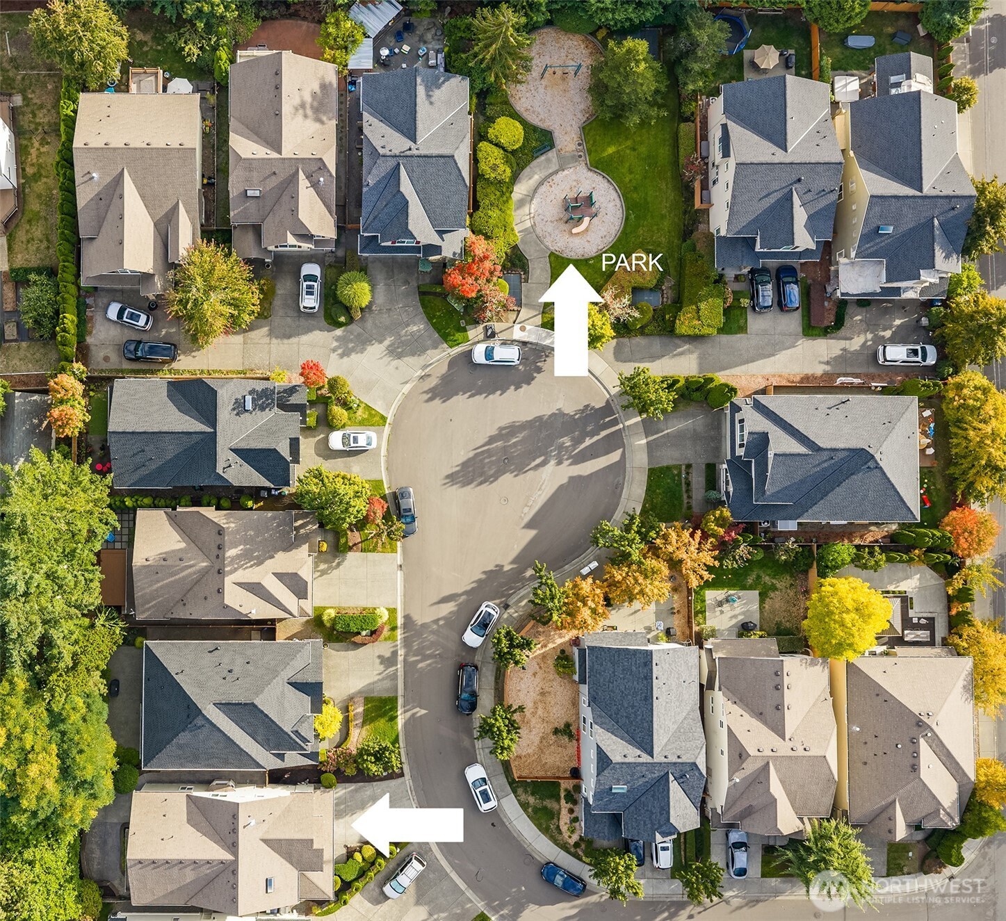 Aerial view of a cul-de-sac home, with arrows highlighting the property and nearby park.