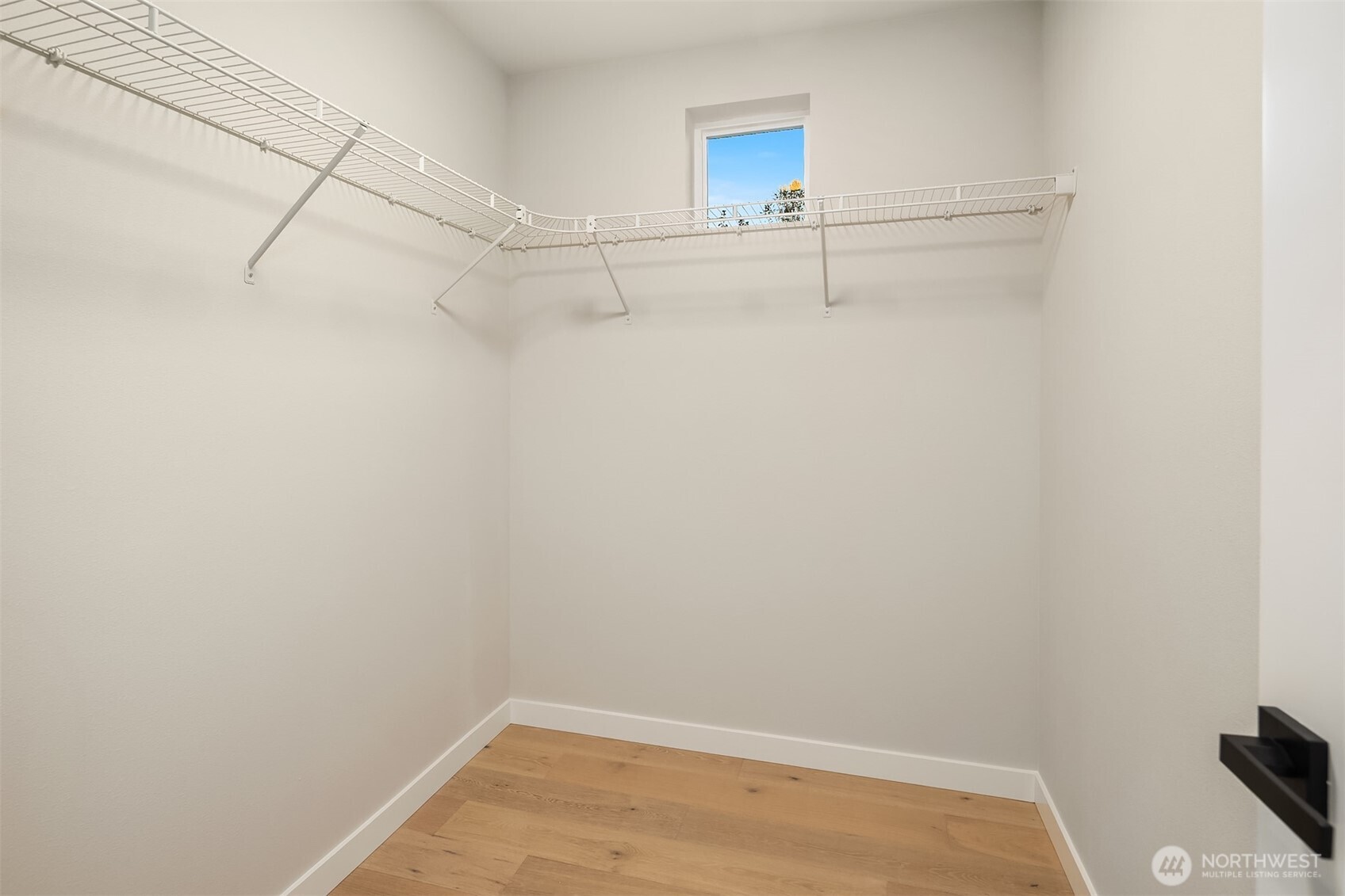 Empty walk-in closet with wraparound wire shelving, a high window, and light wood flooring.
