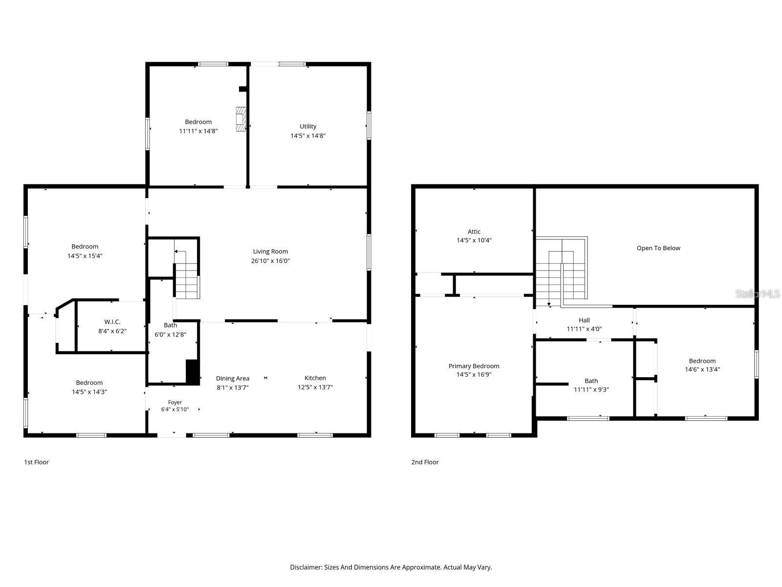 Two-story floor plan showing labeled rooms, approximate dimensions, stairs, and an open-to-below area.
