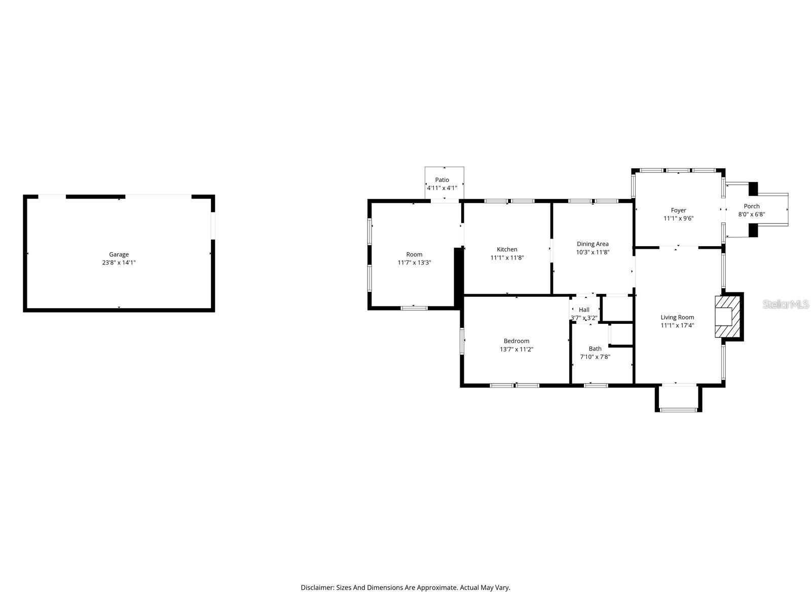 Floor plan with a detached garage and labeled rooms, including one bedroom, living room, kitchen, patio, and porches.