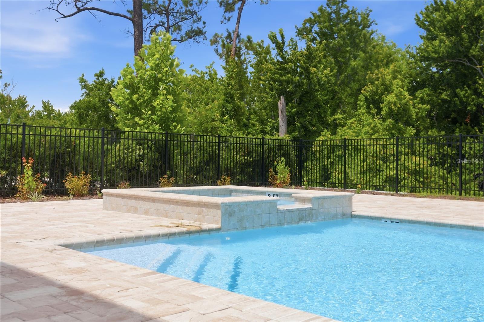 Outdoor pool with raised spa, pale stone deck, black fence, and leafy trees.