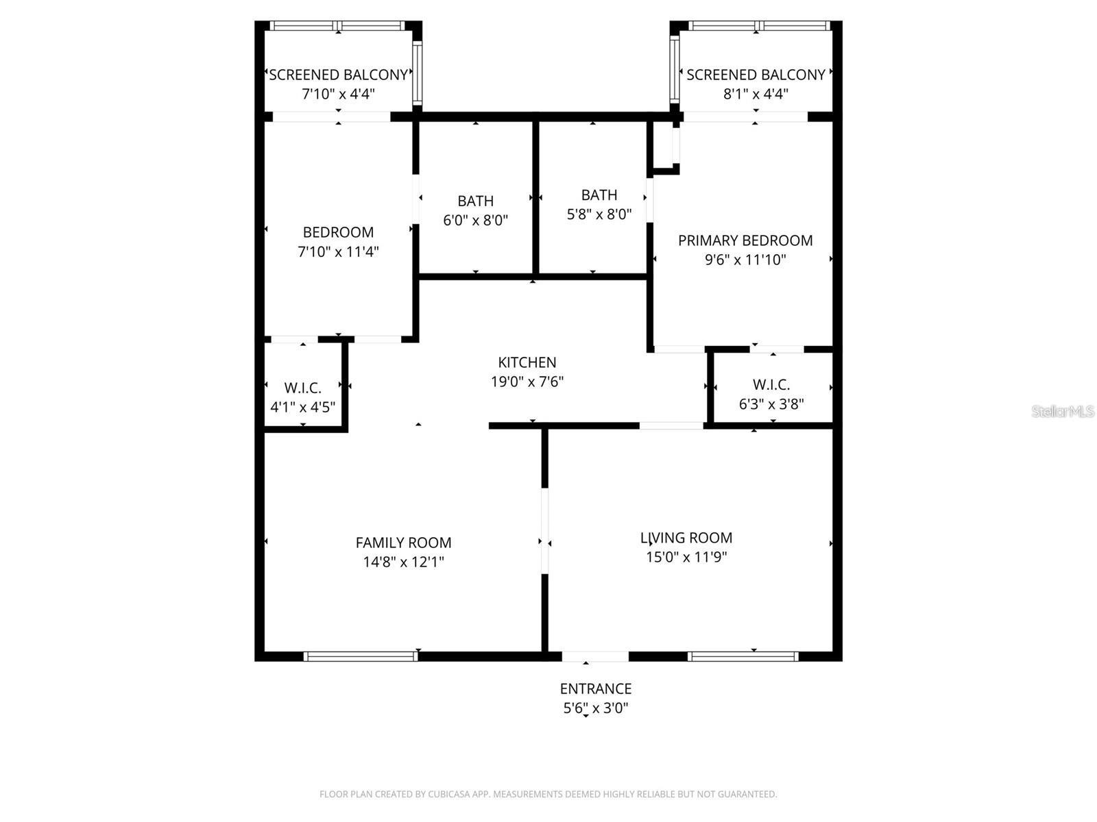 Floor plan showing two bedrooms, two bathrooms, kitchen, family and living rooms, and two screened balconies.