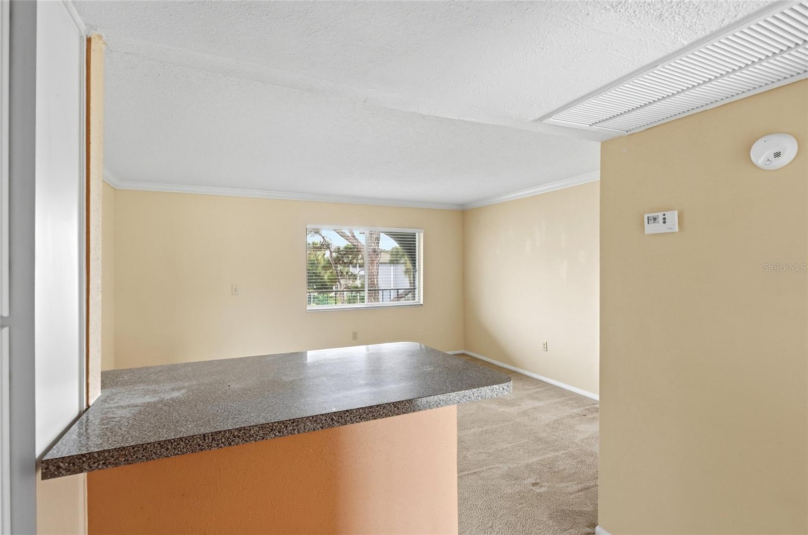 Vacant carpeted living area with a granite-topped breakfast bar and window with blinds.