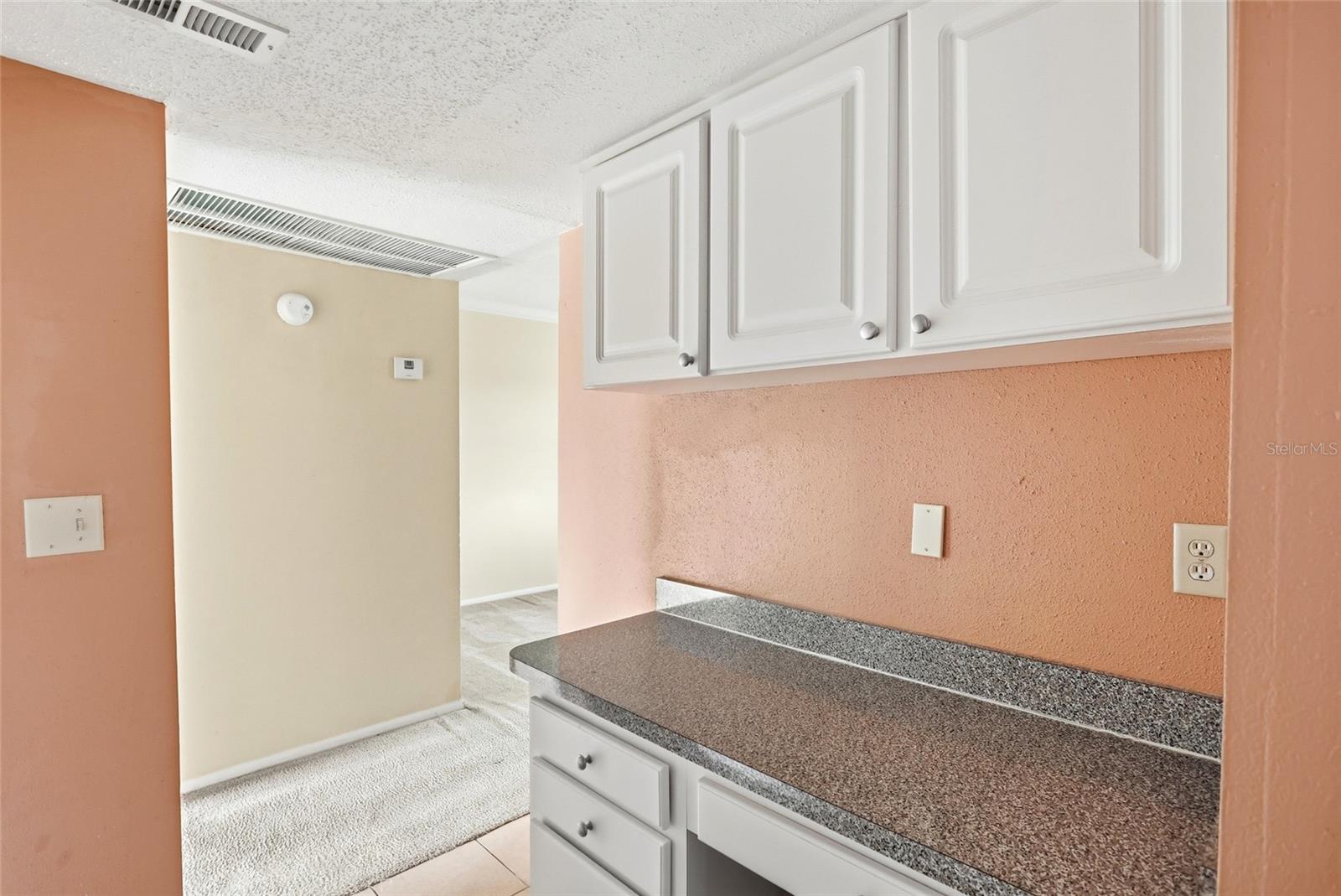 Kitchen counter with speckled granite countertop and white cabinets beside a carpeted room.