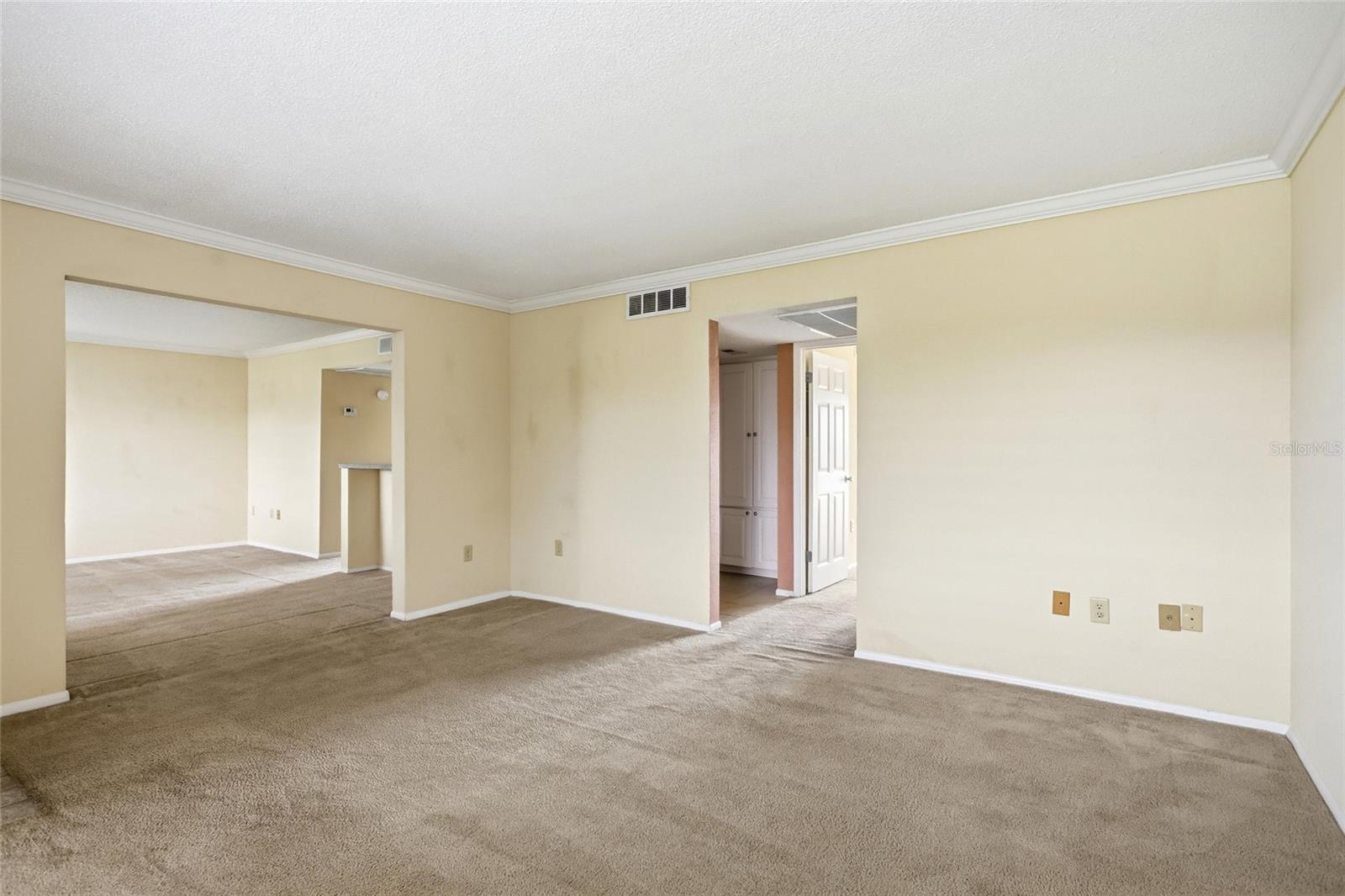 Vacant living room with beige carpet, crown molding, and open doorways to adjoining rooms.