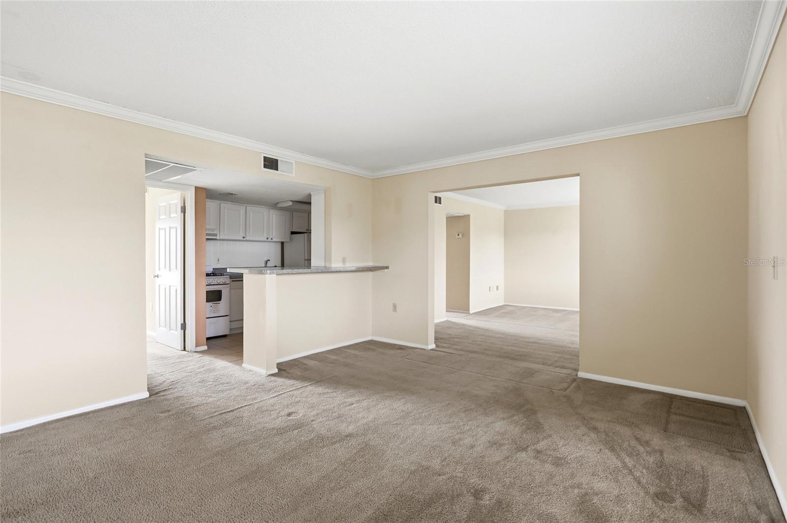 Unfurnished living room with carpet, opening to a kitchen with white cabinets and a breakfast bar.