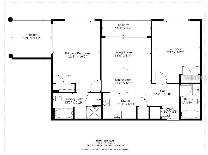 Floor plan showing two bedrooms, two bathrooms, living and dining areas, kitchen, and two balconies.