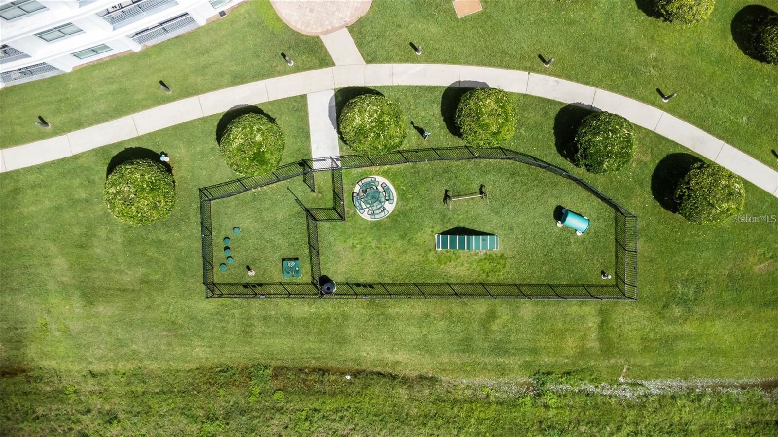 Fenced grassy dog park with pet agility equipment beside a residential building.