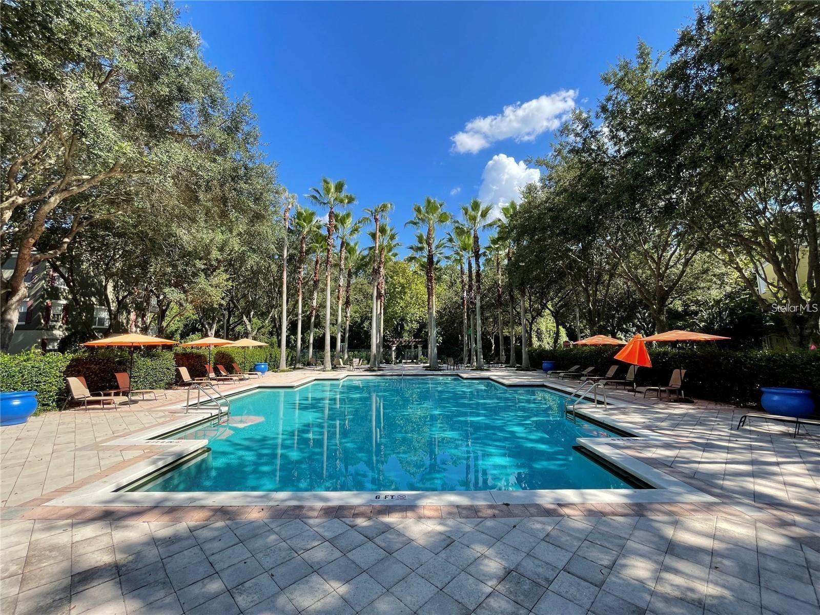Outdoor swimming pool surrounded by palm trees, shaded lounge chairs, and orange umbrellas.