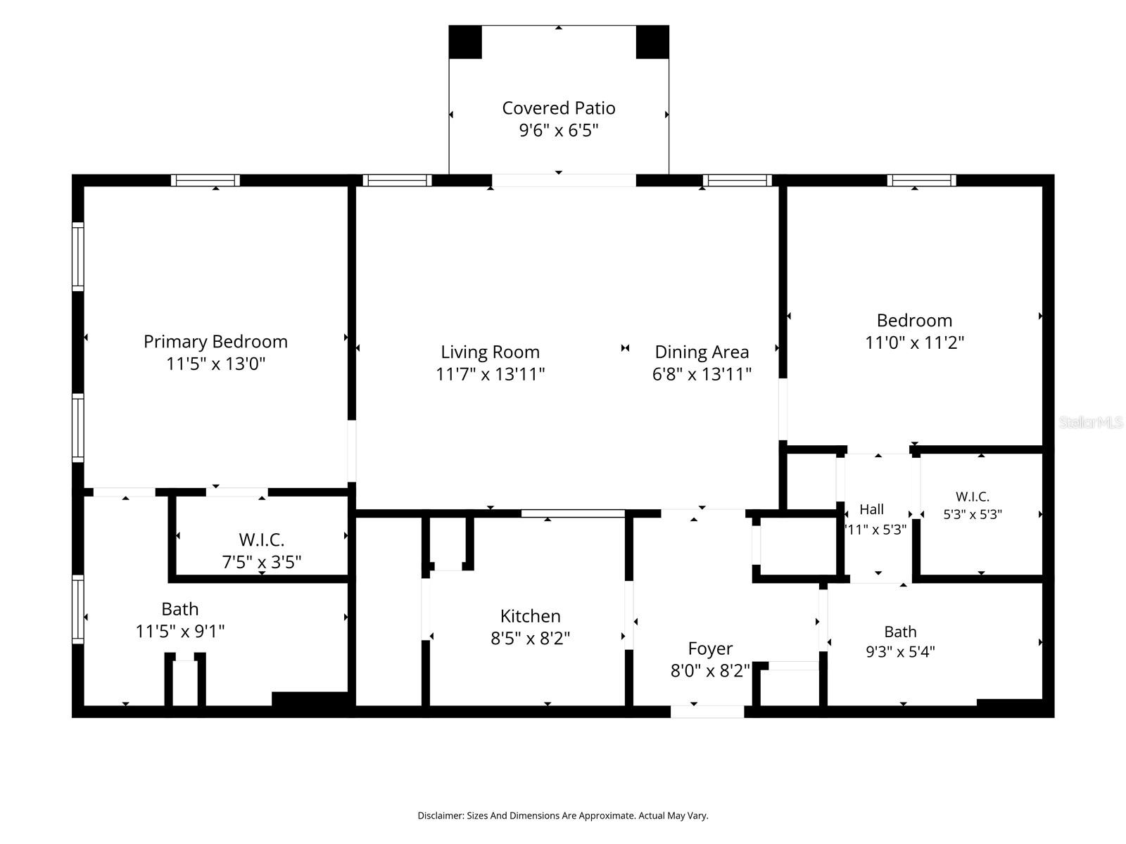 Floor plan with two bedrooms, two baths, living and dining areas, kitchen, and covered patio.