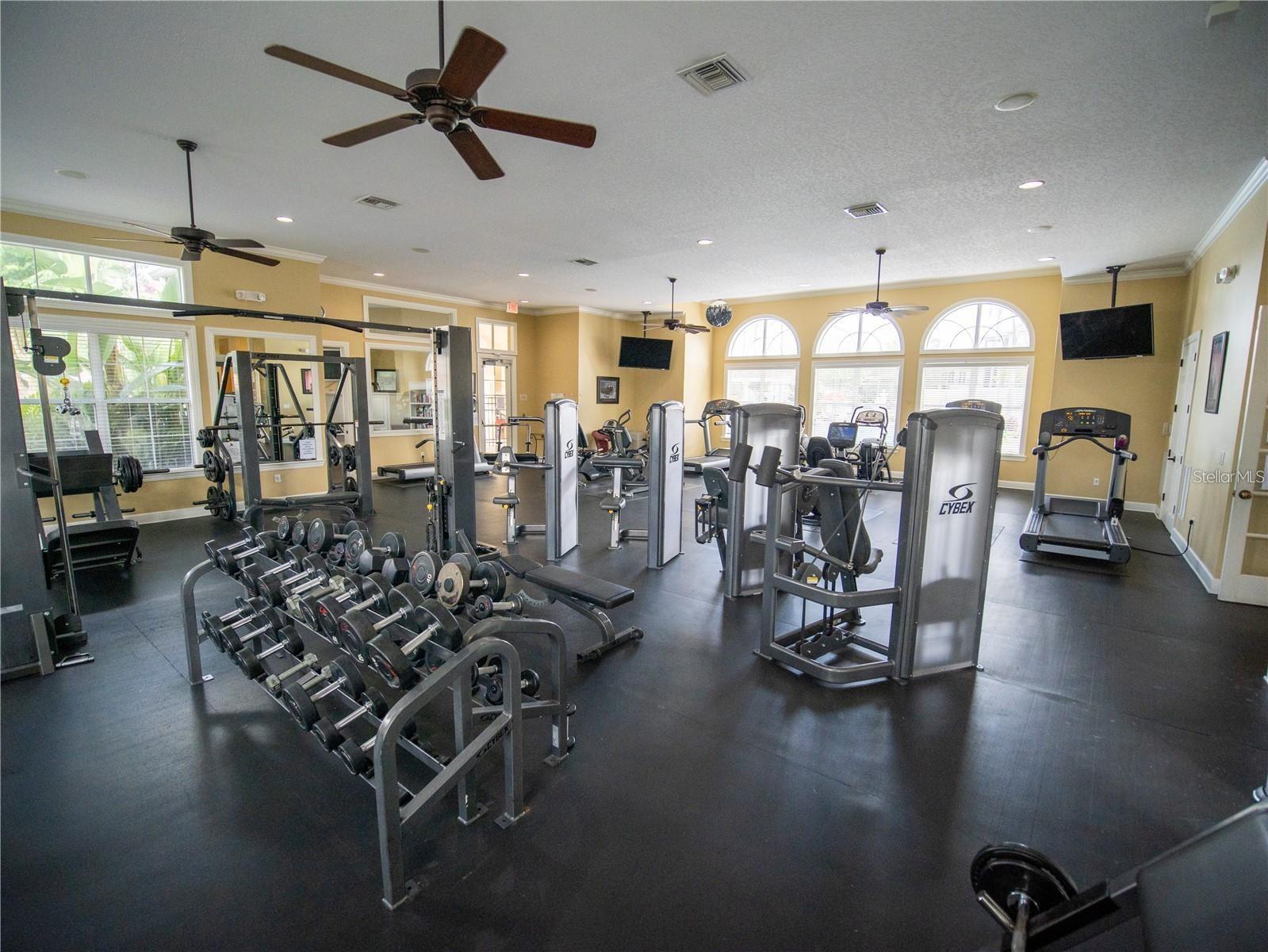 Fitness center with weight machines, a dumbbell rack, and arched windows.