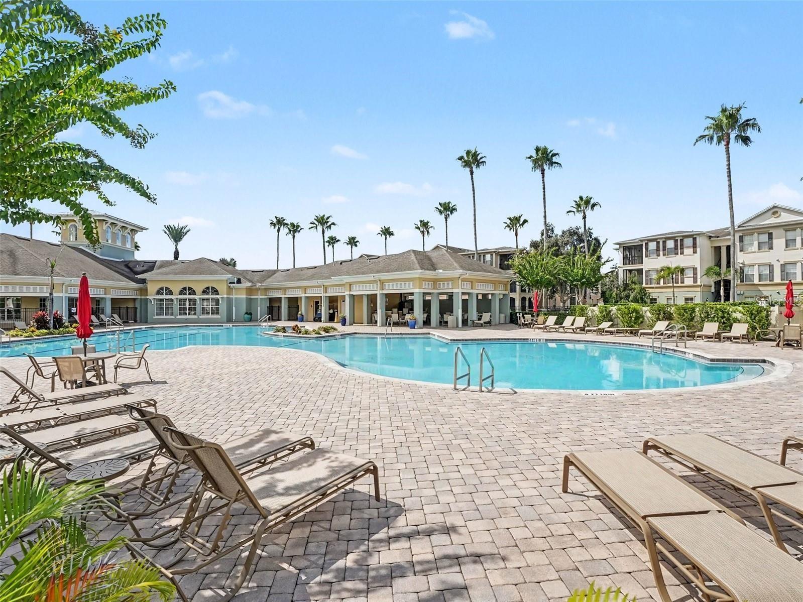 Community pool surrounded by a paved deck, lounge chairs, and palm trees.