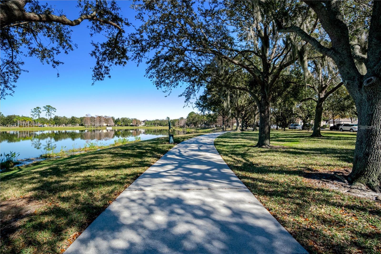 Lakeside walking path beneath mature oak trees, with the lake alongside.