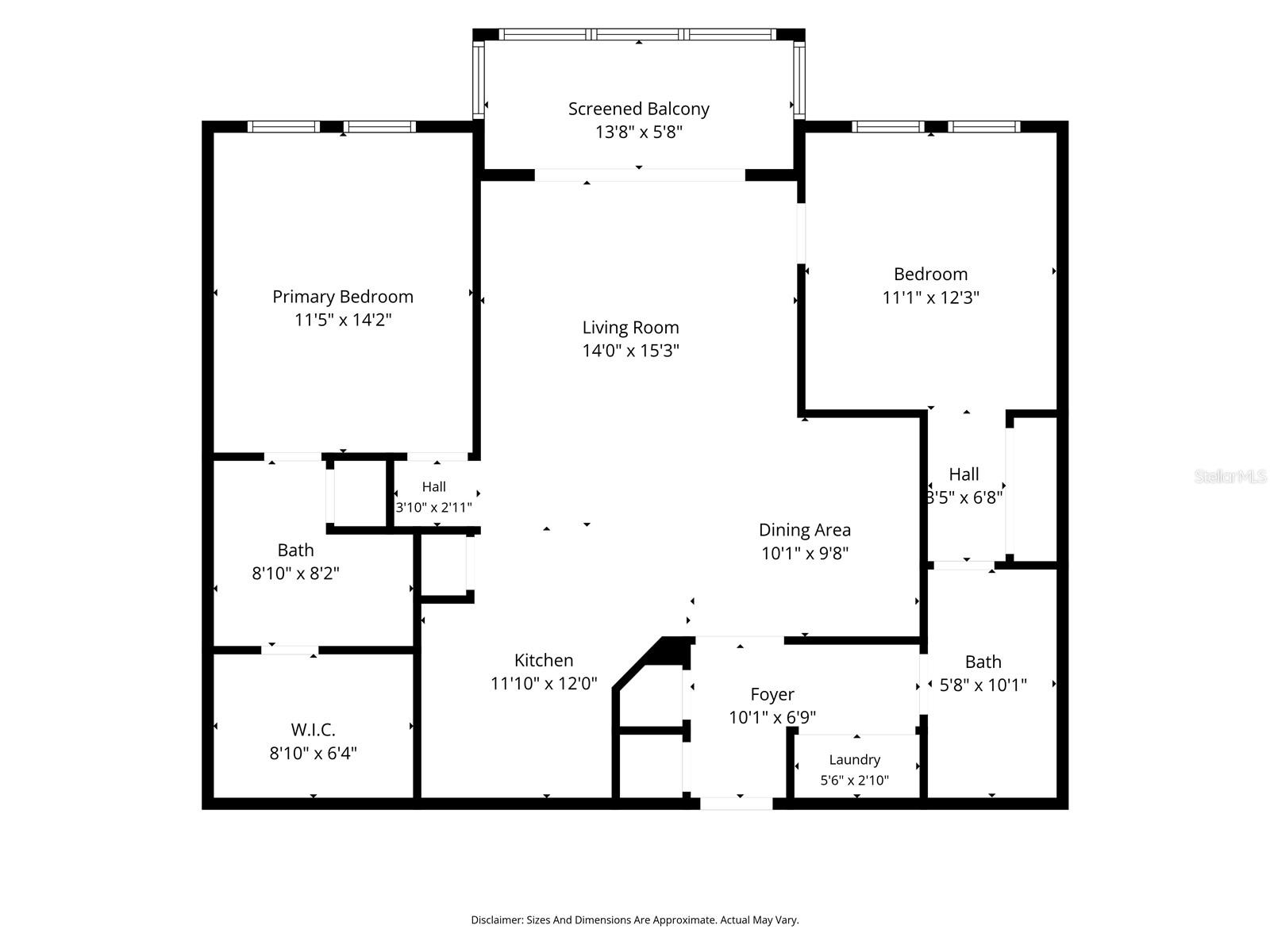 Floor plan showing two bedrooms, two bathrooms, living and dining areas, kitchen, and screened balcony.