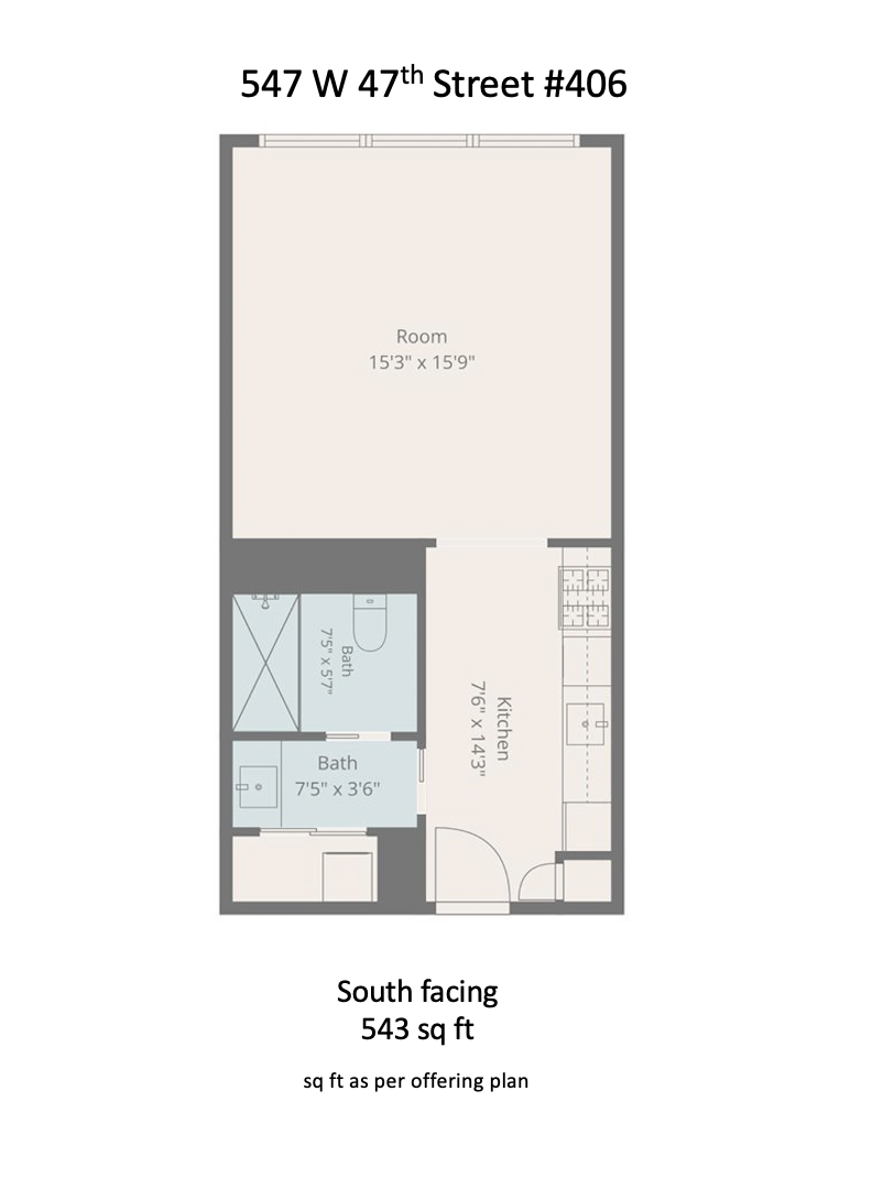 Floor plan for 547 W 47th Street #406, a south-facing 543-square-foot apartment with one room, a kitchen, and two baths.