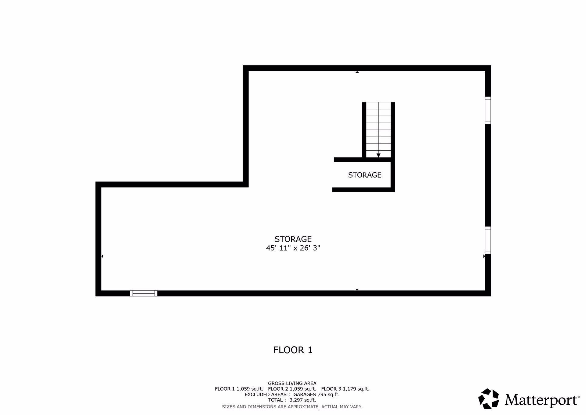 First-floor storage plan with a large 45-by-26-foot area, a smaller storage space, and stairs.
