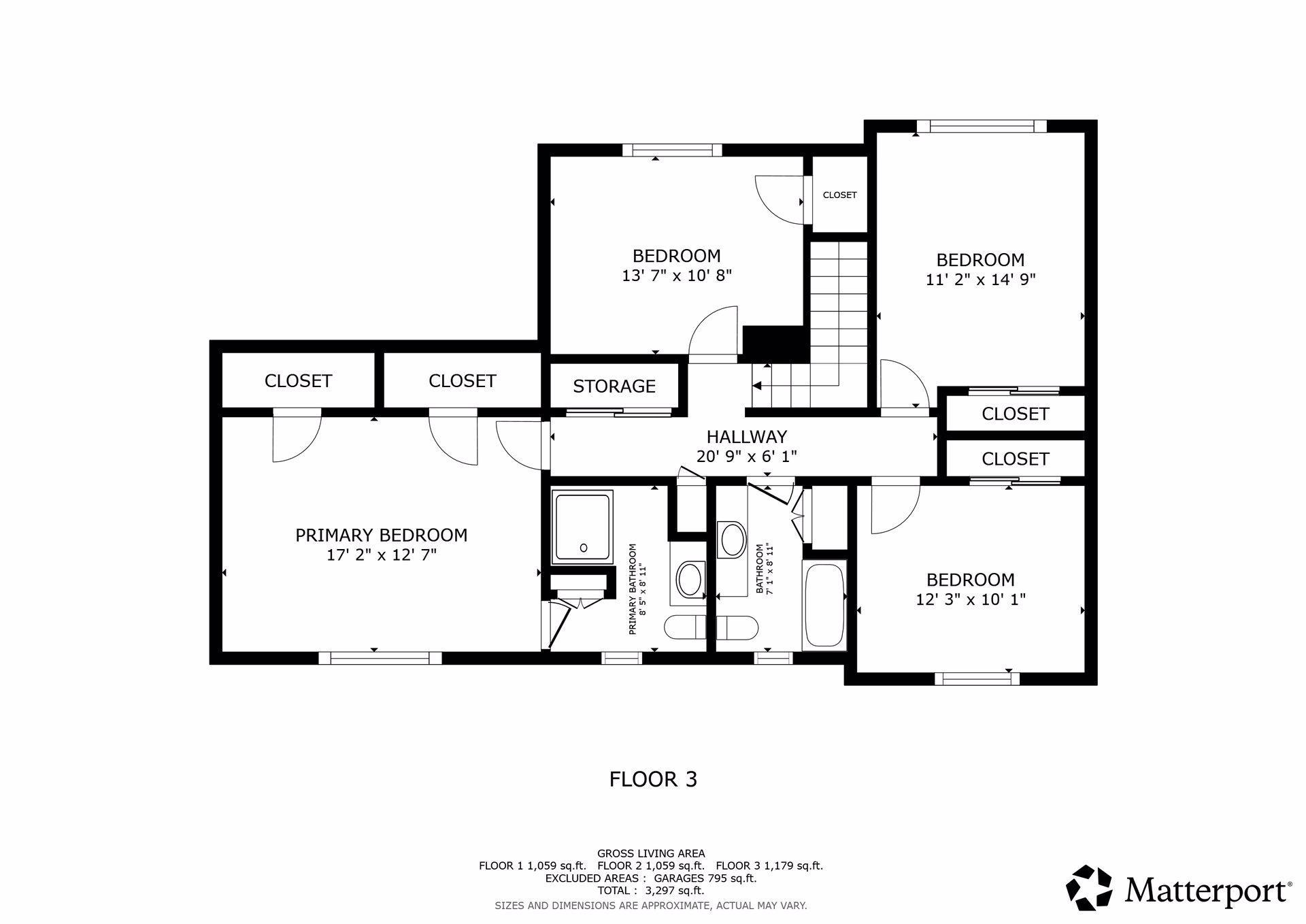 Third-floor plan with a primary bedroom, three bedrooms, two bathrooms, closets, and storage.