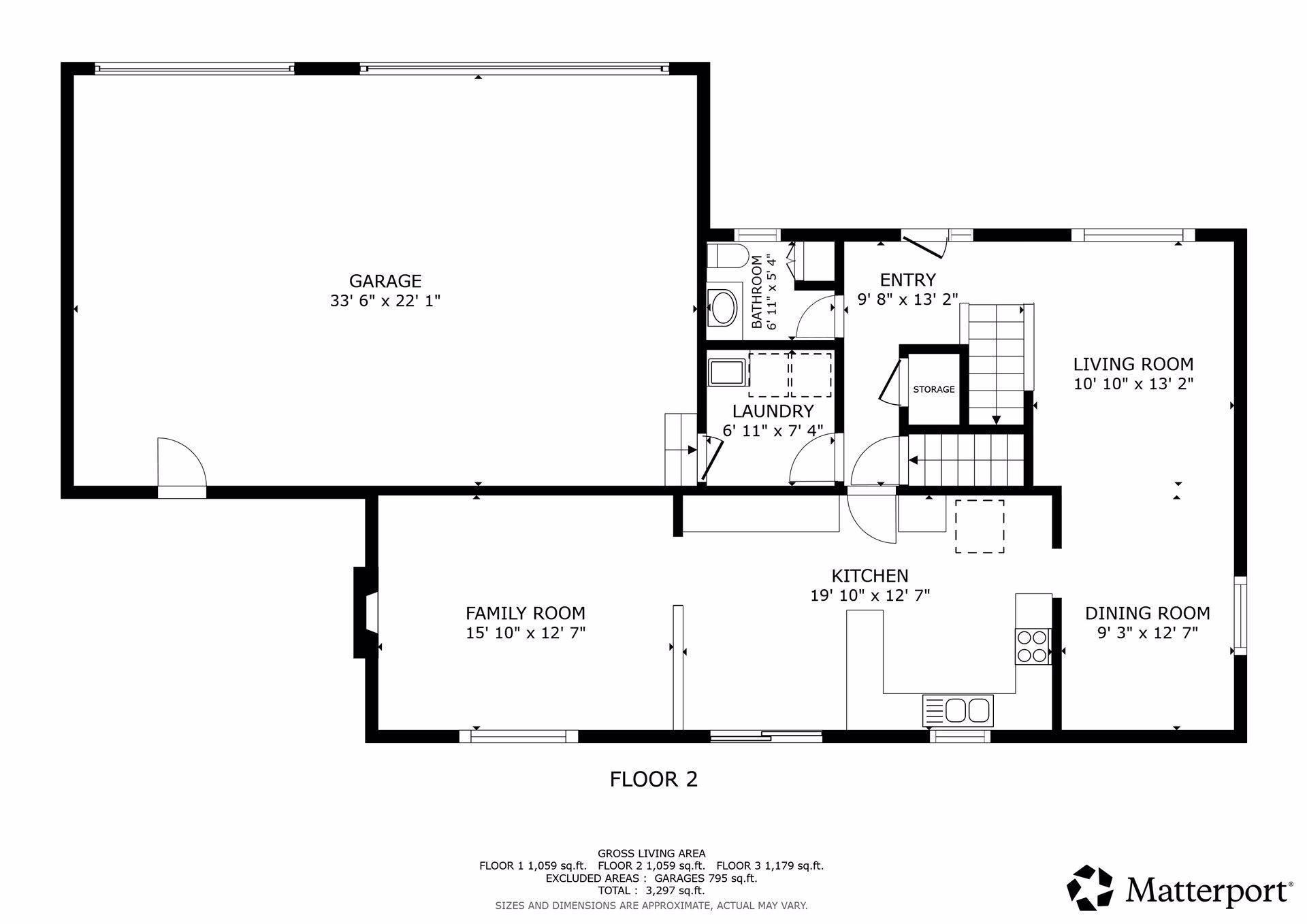 Second-floor plan showing a large garage, kitchen, dining room, living and family rooms, bathroom, and laundry.