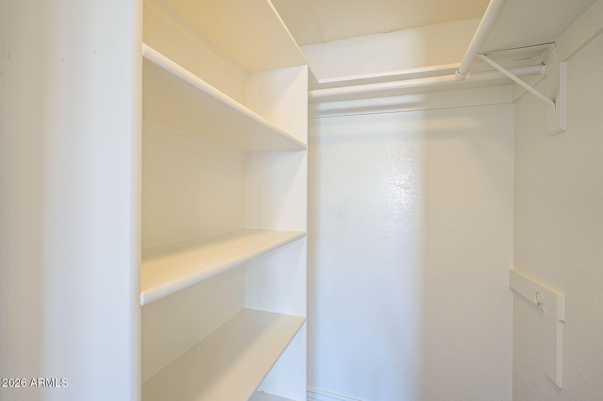 Walk-in closet with built-in white shelves and a hanging rod.