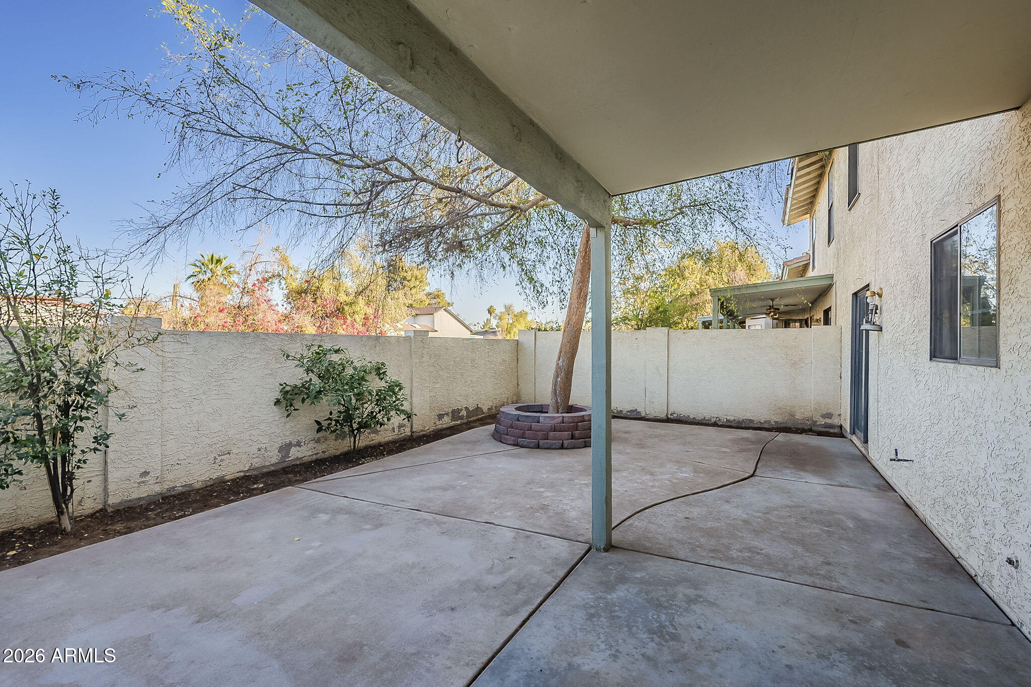 Covered concrete patio with a mature tree in a circular raised planter and a stucco privacy wall.