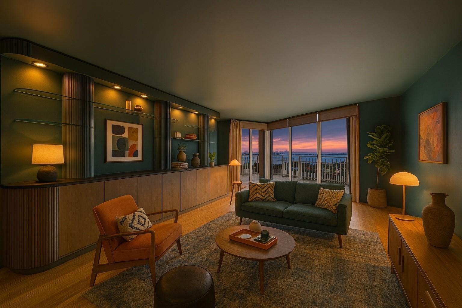 Furnished living room with built-in shelving and balcony windows overlooking water at dusk.
