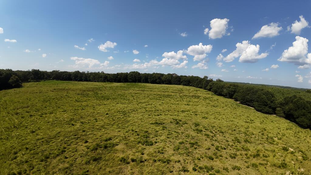 Aerial view of a broad grassy field bordered by trees beneath a partly cloudy sky.