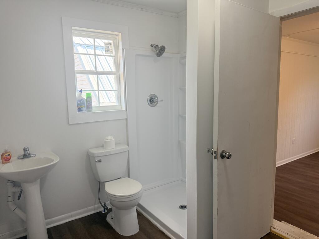 Bathroom with a white pedestal sink, toilet, and shower beside a sunlit window.