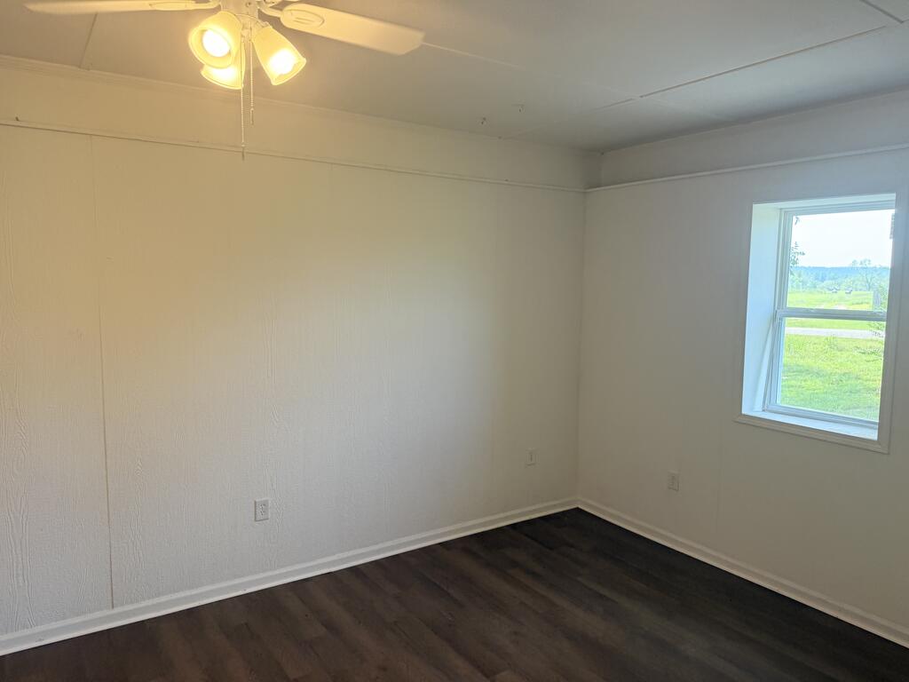 Empty bedroom with dark flooring, a ceiling fan, and a window overlooking green land.