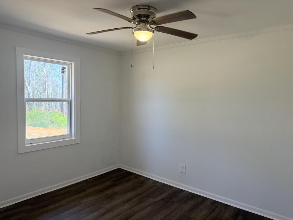 Empty room with dark plank flooring, a window, and a ceiling fan with its light on.