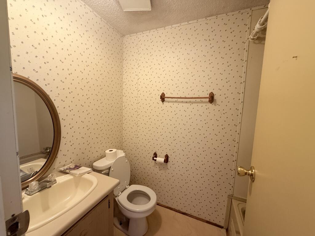 Bathroom with floral wallpaper, a white vanity and sink, and a toilet beside the tub.