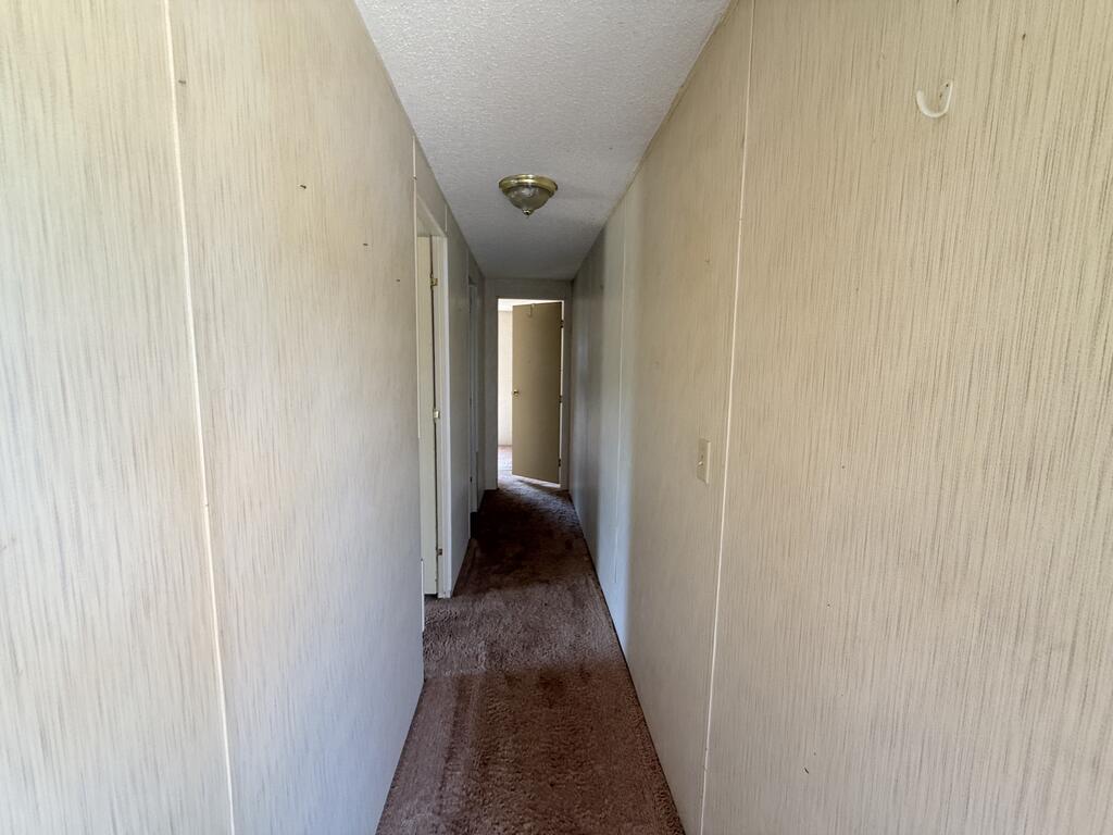 Narrow carpeted hallway with beige walls and open doorways.
