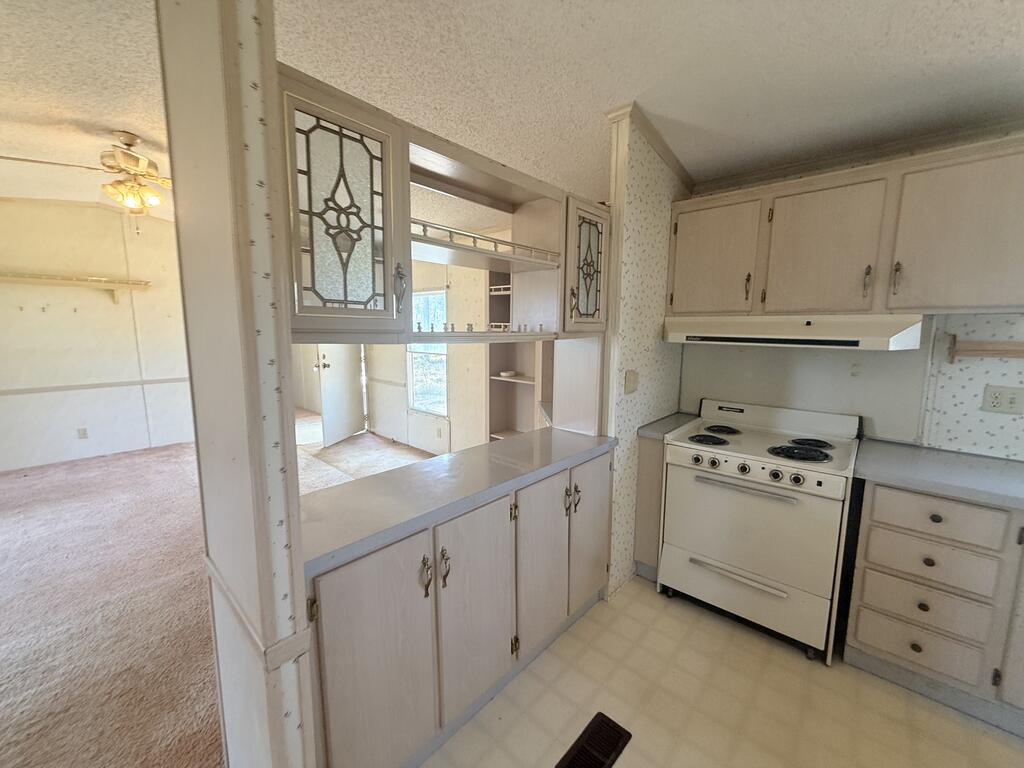 Kitchen with a built-in pass-through, decorative glass cabinet doors, and an electric range.