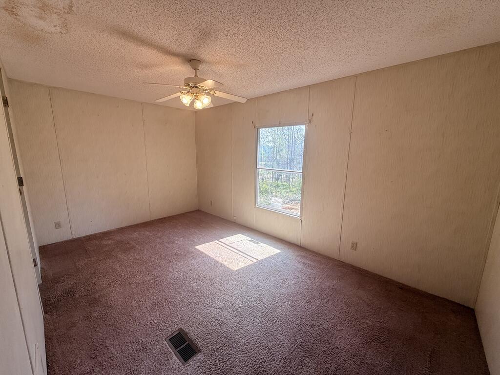 Empty bedroom with brown carpet, a ceiling fan, and sunlight from a window.