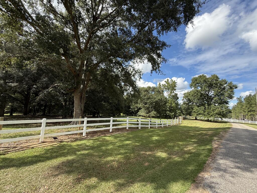 Mature shade trees and a white fence border the lawn beside a curving gravel driveway.