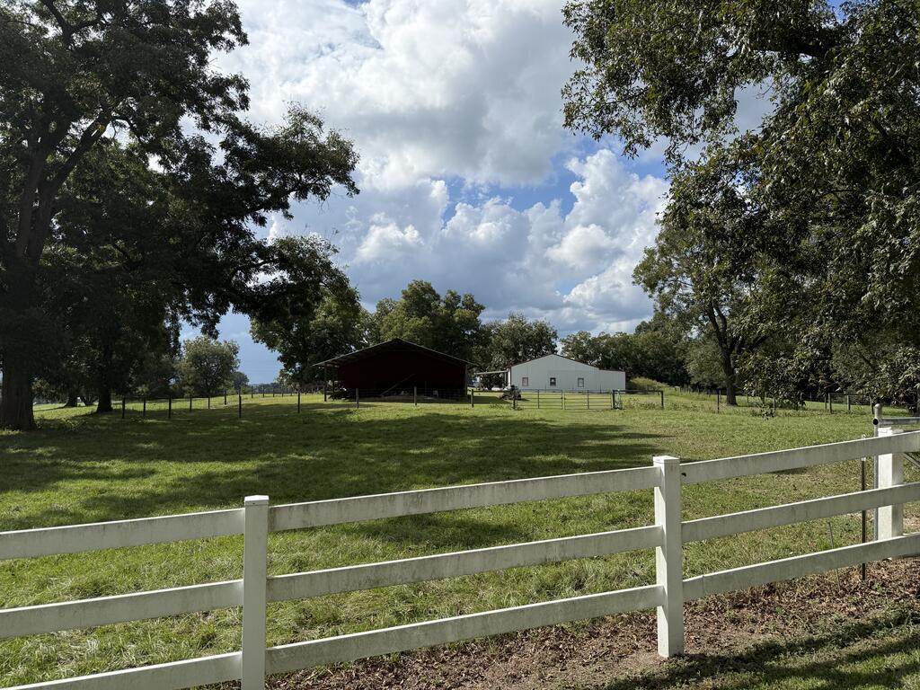 Fenced grassy property with mature trees and two outbuildings.