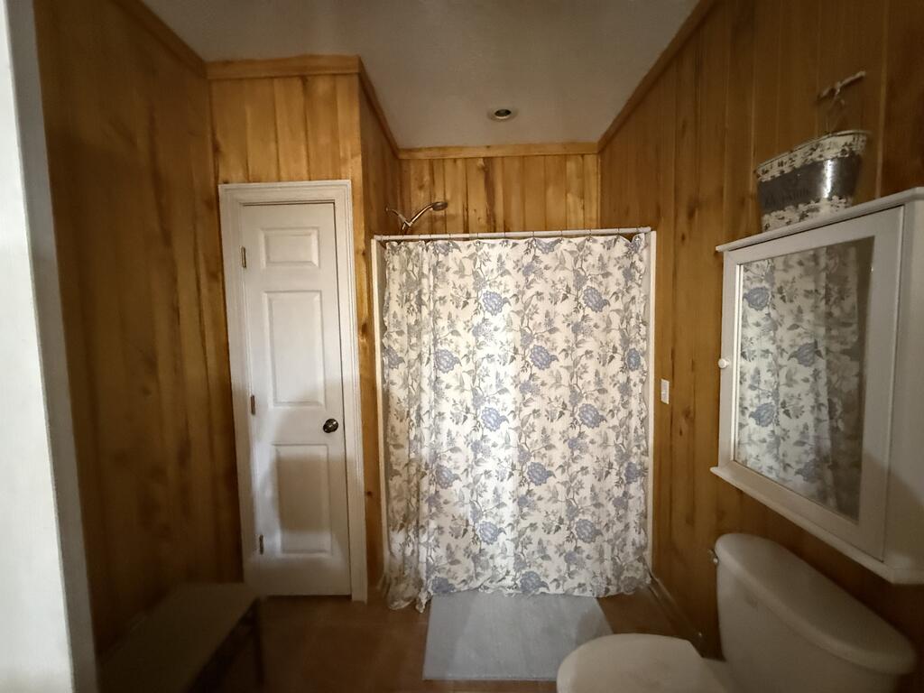 Bathroom with wood-paneled walls, floral shower curtain, and mirrored medicine cabinet.