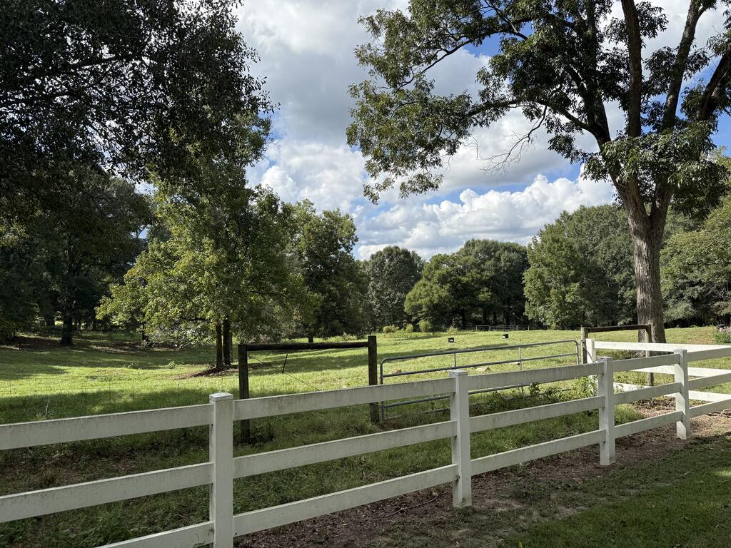 Fenced grassy pasture beneath mature trees, with white rail fencing and a partly cloudy sky.