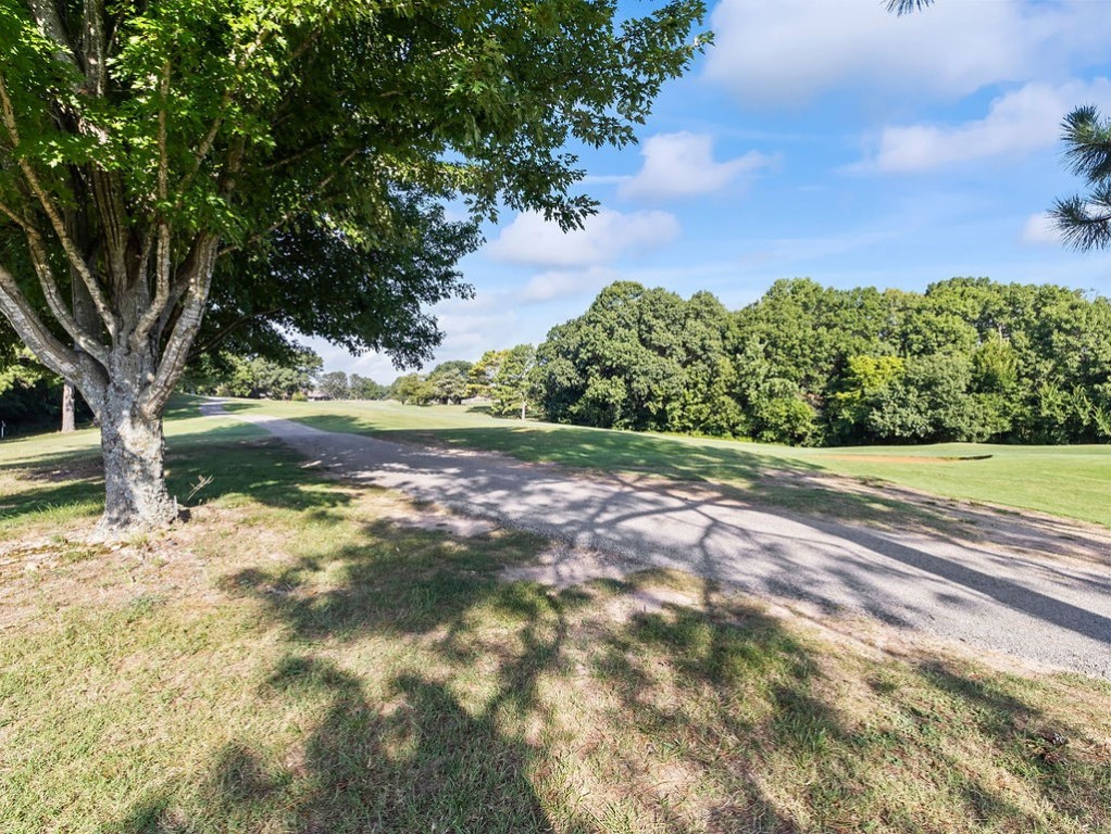 Golf course grounds with a paved lane beneath a broad shade tree.