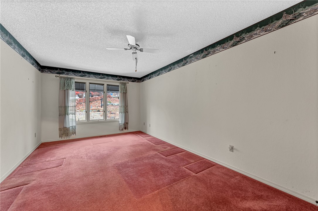 Empty bedroom with pink carpet, a ceiling fan, and a curtained window.