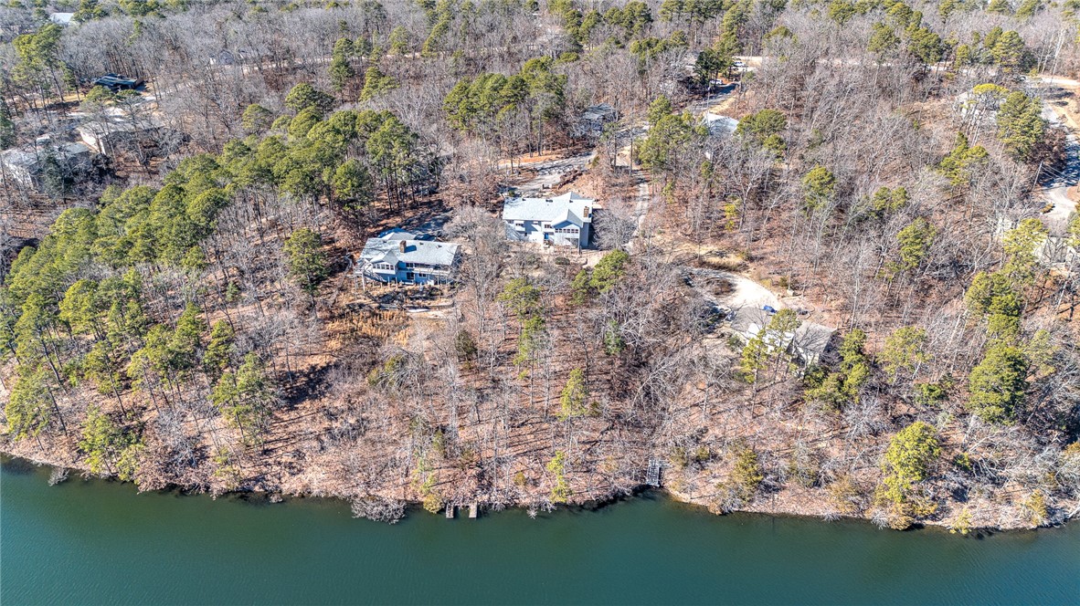 Aerial view of wooded homes beside a lake, with a small dock along the shoreline.