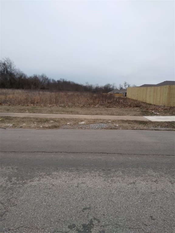 Vacant grassy lot beside a paved road, with leafless trees and a wooden fence.